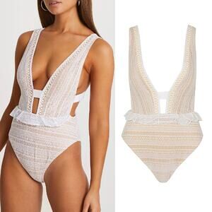 NWT River Island Peplum Embroidered Plunge One Piece Swimsuit in White Size 6